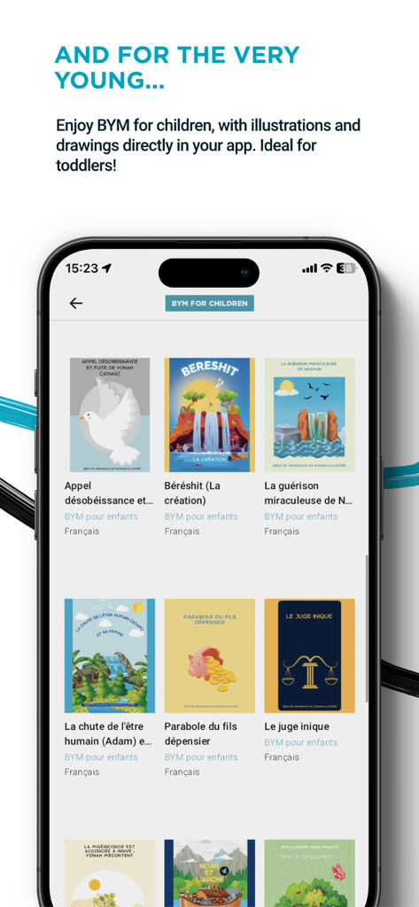 Bible de Yéhoshoua Mashiah - Screenshot of the BYM for children section in the Bible de Yehoshoua Mashiah app featuring illustrated Bible stories for toddlers.