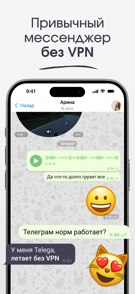 Screenshot der Telega-Messenger-App, die einen Chat-Bildschirm mit Text auf Russisch und verschiedenen Mediennachrichten, einschließlich Sprach- und Videonachrichten, anzeigt.