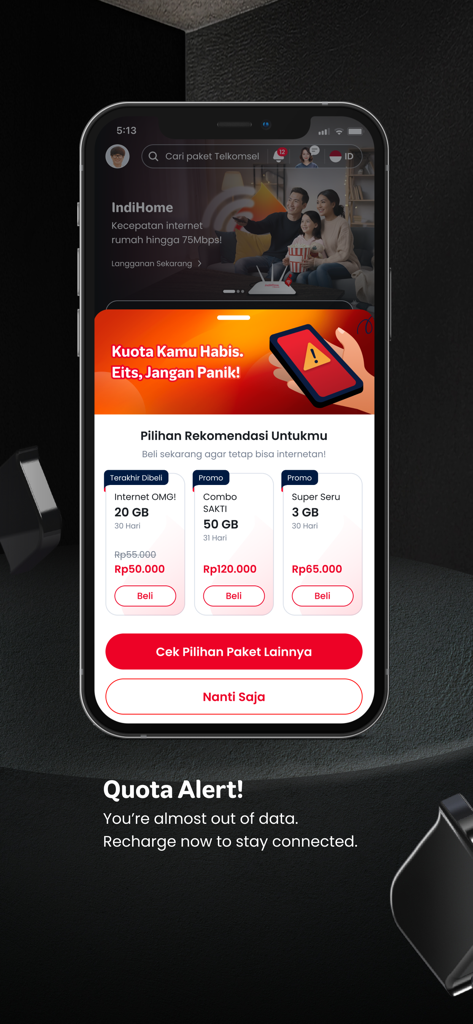 MyTelkomsel app interface showing a quota alert with data recharge plan recommendations