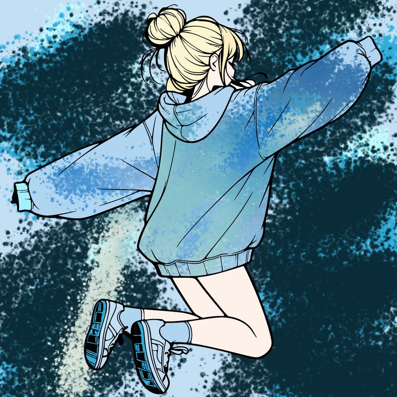 realistic girl jumping with a bun and oversized sweatshirt