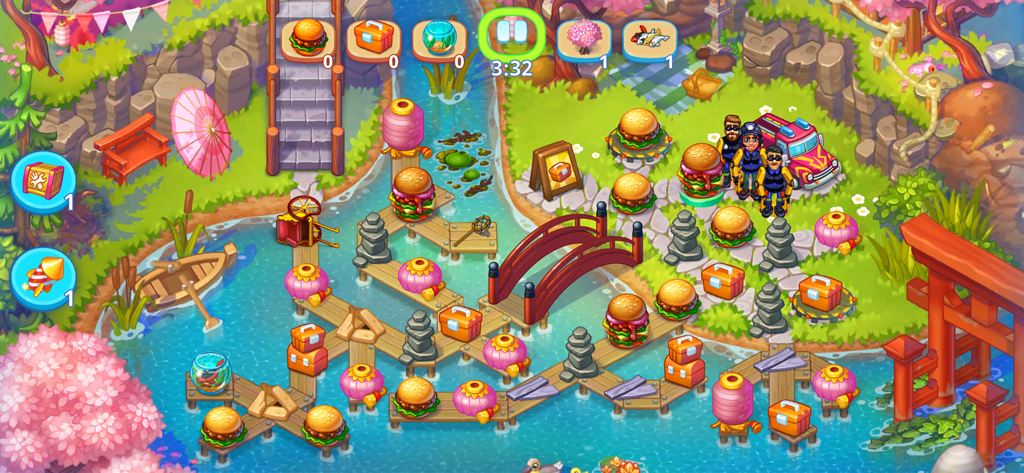 Gameplay screenshot of Rescue Dash showing the rescue team in a vibrant level with a Japanese garden theme