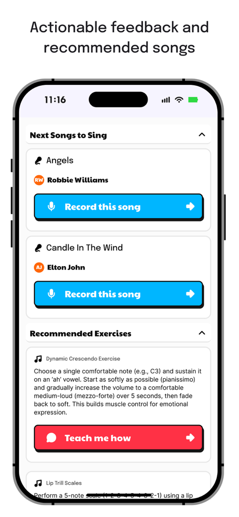 Singing Coach AI - Interfaz de la aplicación Singing Coach AI que muestra sugerencias de canciones personalizadas y ejercicios de entrenamiento vocal