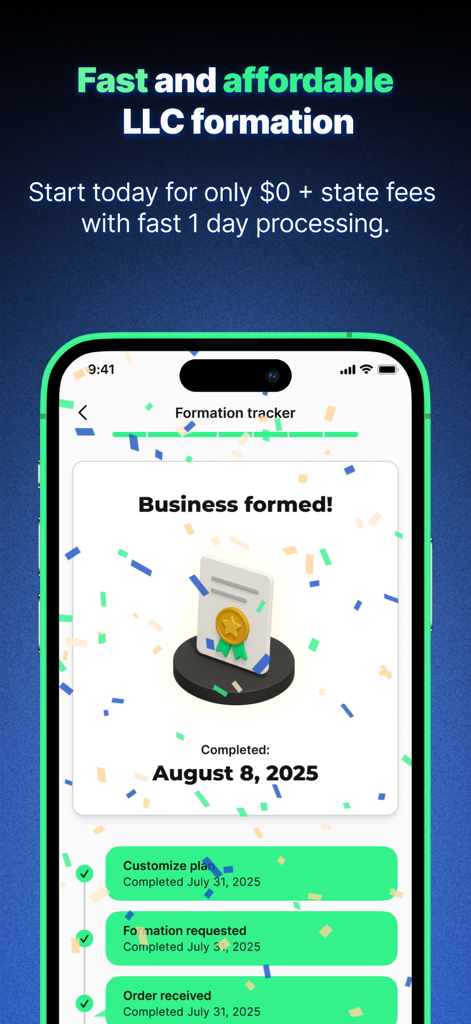 ZenBusiness: LLC & Compliance - A smartphone showing the ZenBusiness app interface with a Business formed notification and a step by step formation tracker.