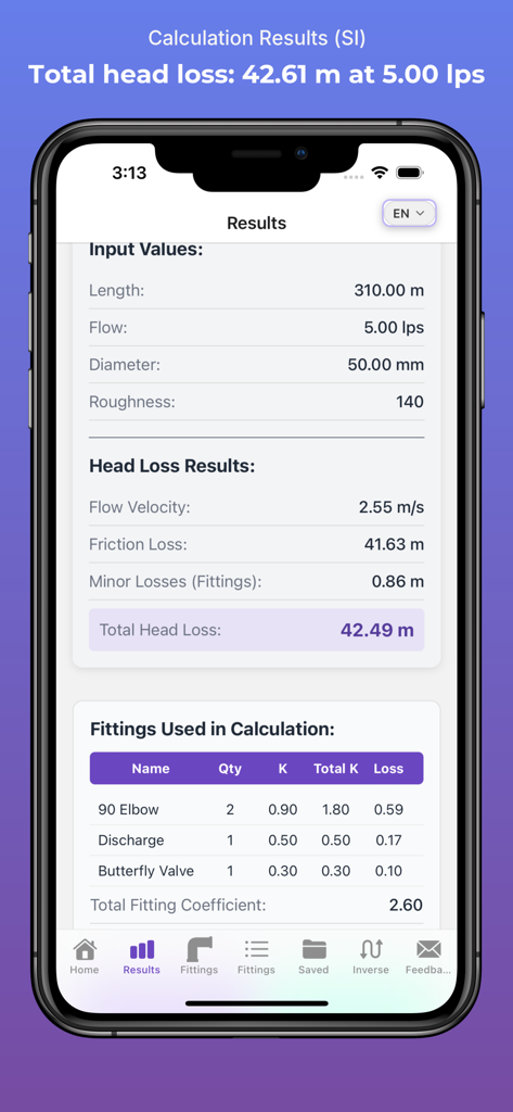 HydroCalc Plus - HydroCalc Plus screen showing hydraulic head loss calculation results and fittings list