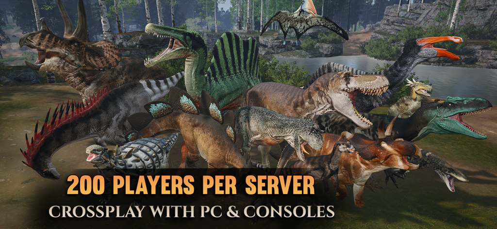 Path of Titans - A large group of diverse dinosaurs in a lush environment showcasing 200 player servers and crossplay compatibility