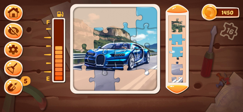 Truck Games Epic Jigsaw Puzzle - A blue sports car jigsaw puzzle being assembled in a children's mobile game interface.