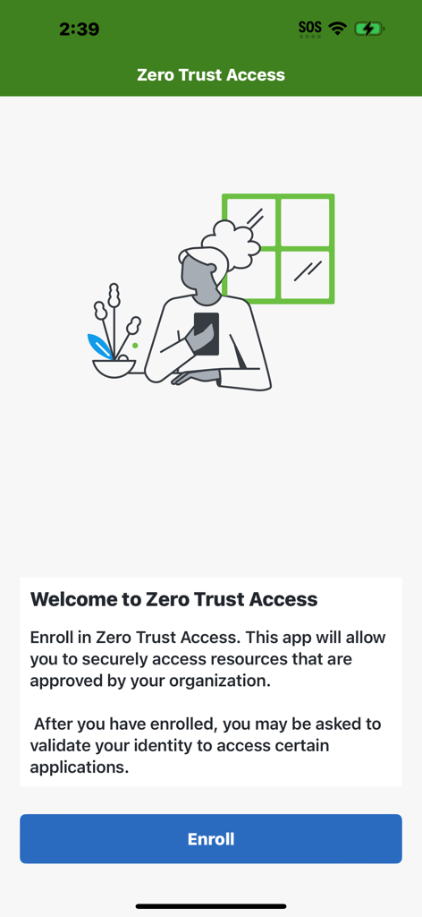 Écran d'accueil de l'application Cisco Zero Trust Access avec une invite d'inscription et une illustration professionnelle d'un utilisateur sur un appareil mobile.