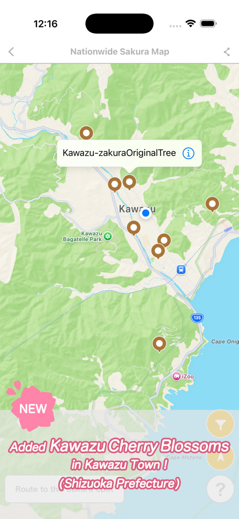 Sakura Navi - Forecast in 2026 - App Sakura Navi che mostra una mappa delle località dei fiori di ciliegio di Kawazu nella prefettura di Shizuoka