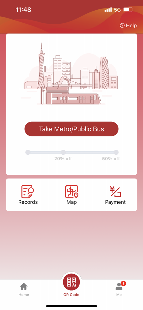 广州地铁官方APP - Guangzhou Metro app main screen featuring a Take Metro button and city map options.