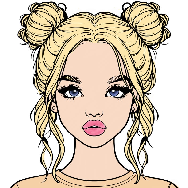 realistic girl with two buns in hair and lips