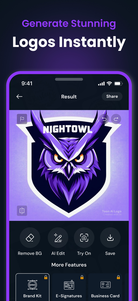 Eine mobile App-Oberfläche, die ein KI-generiertes lila Eulen-Maskottchen-Logo mit Branding- und Bearbeitungsfunktionen zeigt