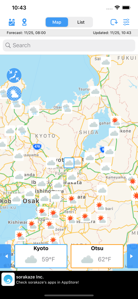 Visualização de mapa do aplicativo WeatherJapan mostrando ícones de clima e temperaturas em Fahrenheit para Quioto e Otsu