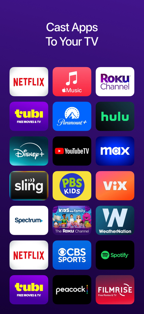 Universal TV・Remote Control・ - A grid of popular streaming service icons like Netflix, Hulu, and Disney Plus that can be cast to a TV.