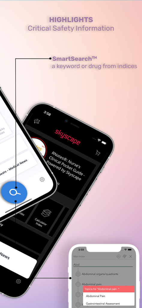 RNotes mobile app interface showcasing the SmartSearch feature for quick nursing clinical information retrieval