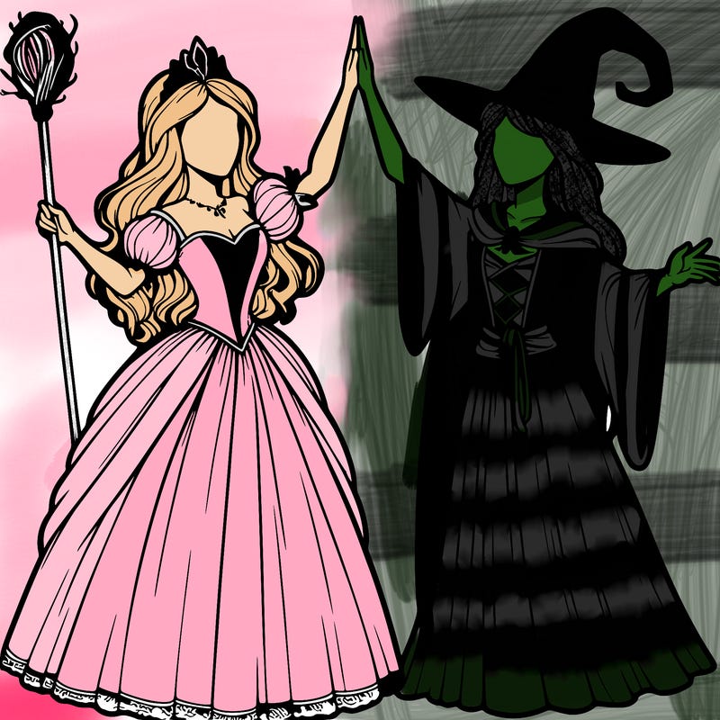 detailed realistic split of a princess and a witch