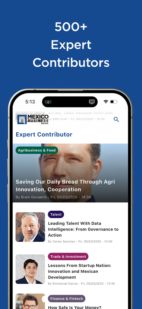 Mexico Business News - 멕시코 비즈니스 뉴스 앱 인터페이스에 전문가가 농업 및 무역에 대한 분석을 보여줌