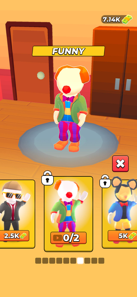 Joy Land! - Écran de personnalisation de personnage dans Joy Land présentant une tenue de clown et d'autres skins d'artistes déblocables