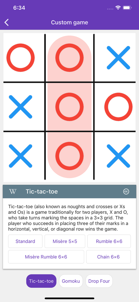 Tic Tac Toe Collection - Tic Tac Toe Collection app showing a winning match and a list of different game rules and modes.