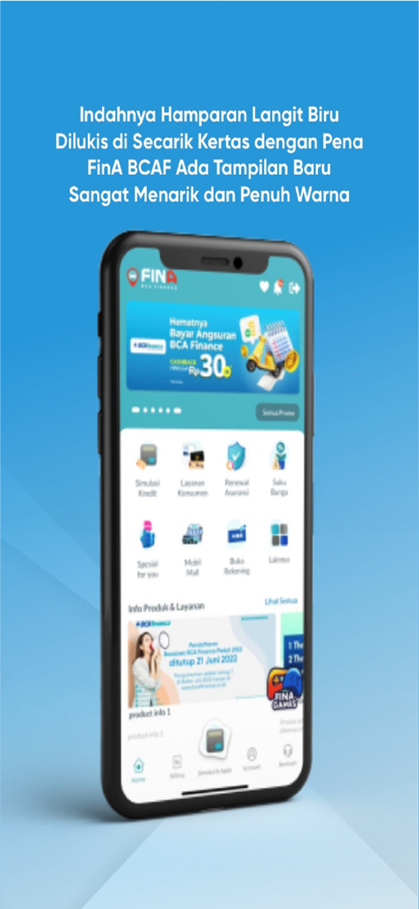 BCA Finance - BCA Finance app home screen on a smartphone showing car financing and insurance service icons
