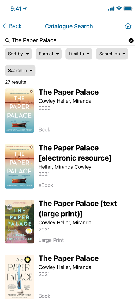 Clare County Library - Search results screen in the Clare County Library app displaying various book formats for the title The Paper Palace