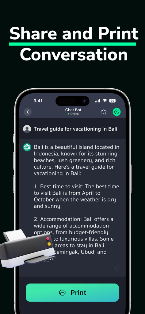 DeepSearch - AI Chatbot App - DeepSearch AI chatbot app screen showing a travel guide for Bali with options to share and print the conversation