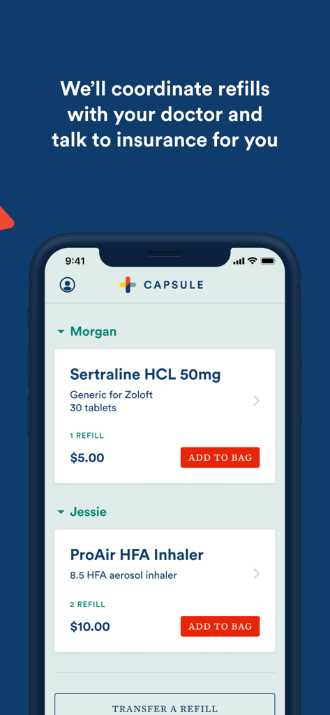 Capsule Pharmacy app interface showing prescription management for multiple family members including doctor and insurance coordination.