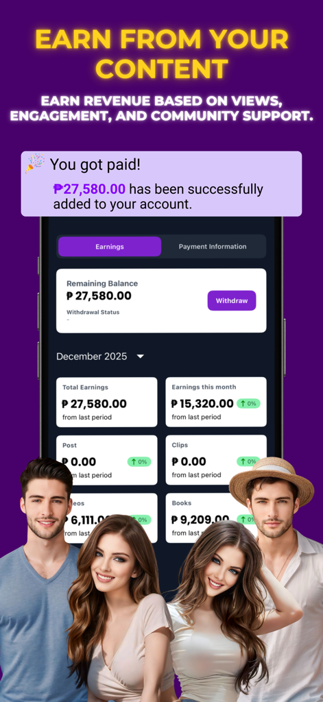 SeLeBox - SeLeBox app interface showing content creator earnings dashboard and payment notification