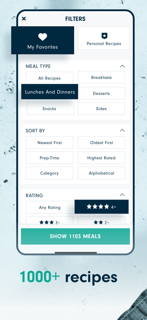 Forks Meal Planner - A screenshot of the Forks Meal Planner app showing recipe filters for meal types, ratings, and sorting options.