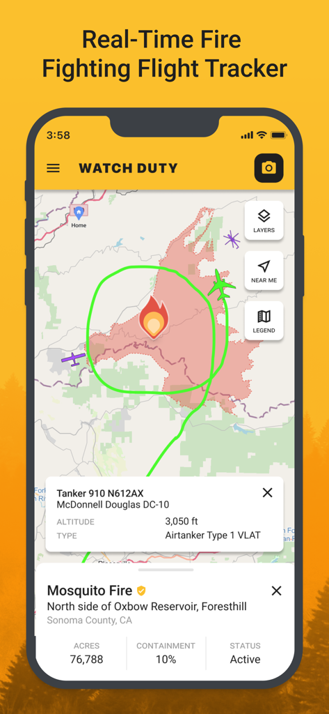 Watch Duty: Wildfire Maps - Real time wildfire flight tracker on the Watch Duty app showing active fire perimeter and air tanker path.