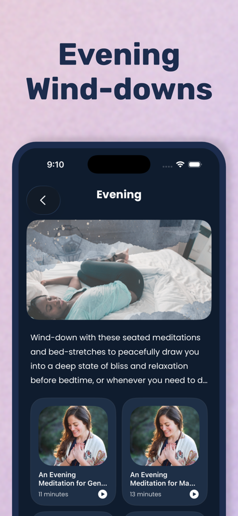 Yoga Wake Up: Alarm & Stretch - Yoga Wake Up app screen displaying evening wind-down meditations and bed yoga stretches