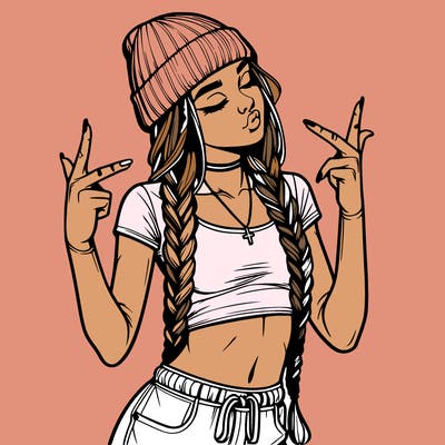 realistic teenage girl with braids and a beanie and crop top doing 🫶🏼