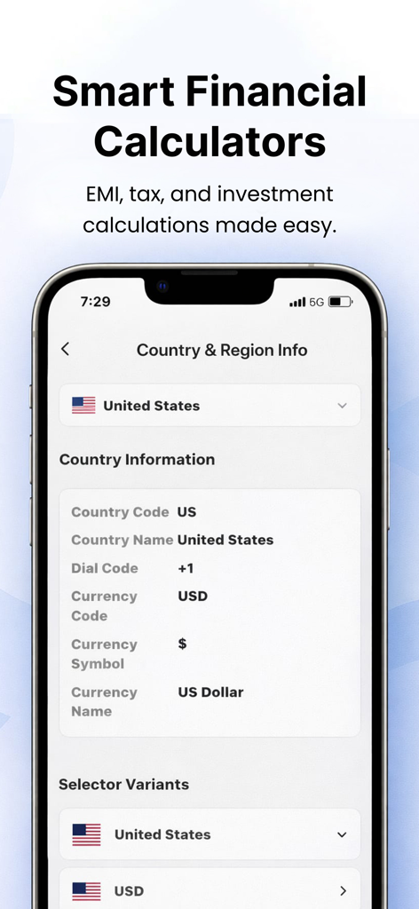 NFC Reader & Card Wallet - Uno smartphone che mostra informazioni sul paese e sulla regione per gli Stati Uniti, incluso il codice valuta e il prefisso internazionale