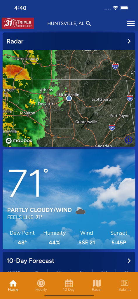 WAAY StormTracker app interface featuring live radar map and current weather conditions for Huntsville Alabama