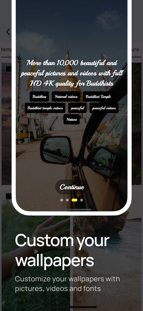 Mobile App-Oberfläche für Buddha-Hintergründe mit 4K-Bildern und Personalisierungswerkzeugen