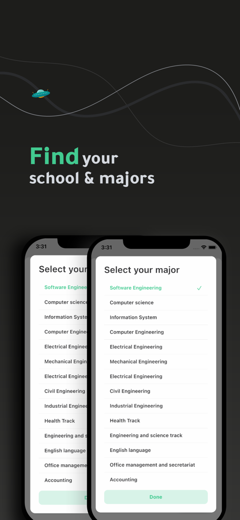 Khotta AI: Plan & Study - Mobile app screen from Khotta AI showing a list of college majors like Software Engineering and Computer Science for student planning.