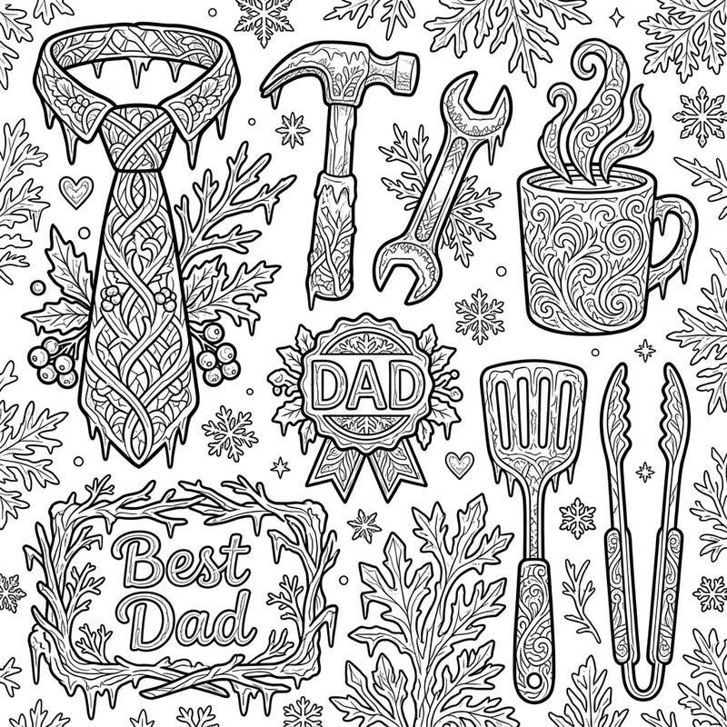 Surprise your dad with a truly unique gift this Father's Day with our Rime Ice themed coloring page. This intricate design features everyday items and symbols of appreciation, all beautifully frosted with delicate ice patterns.