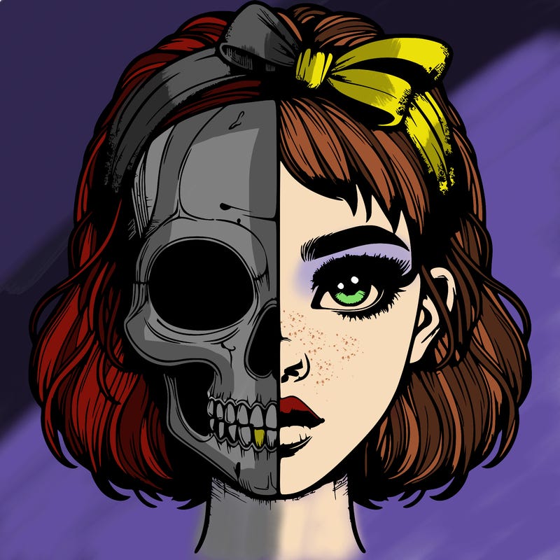 realistic girl with half skull mask