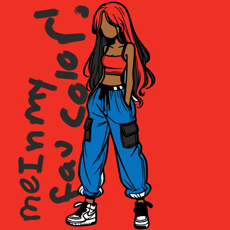 girl in baggy pants crop top and long hair