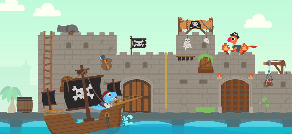 Dinosaur pirates on a ship and a stone fortress in Dinosaur City