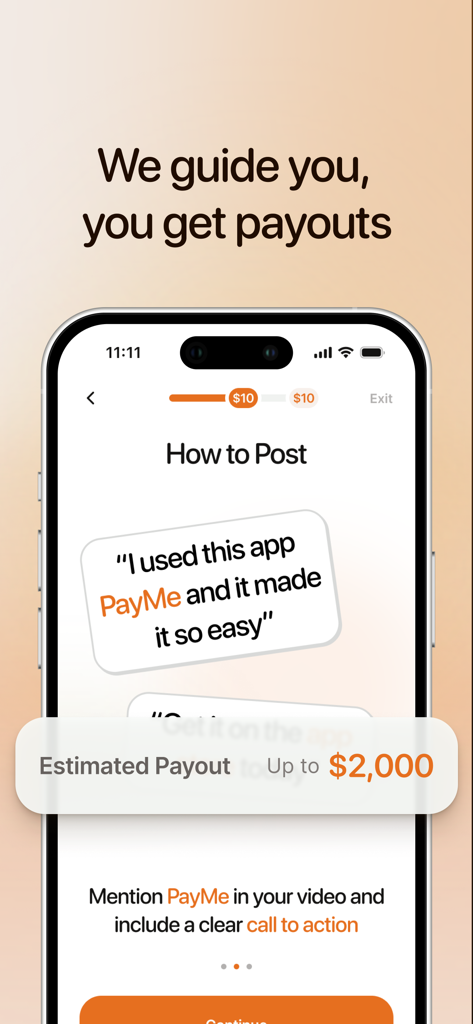 Relay - Get paid to post - Relayアプリの画面に、最大2000ドルの推定支払い額で投稿する方法を示すガイドを表示