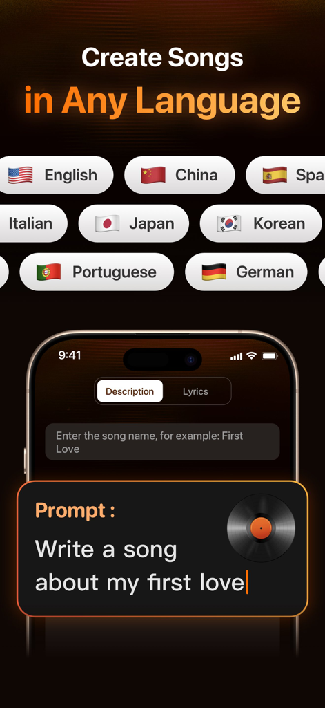 AI Songs & Music Maker：TuneMe - Interface of the TuneMe app showing multilingual options and a text prompt field to create AI-generated songs.