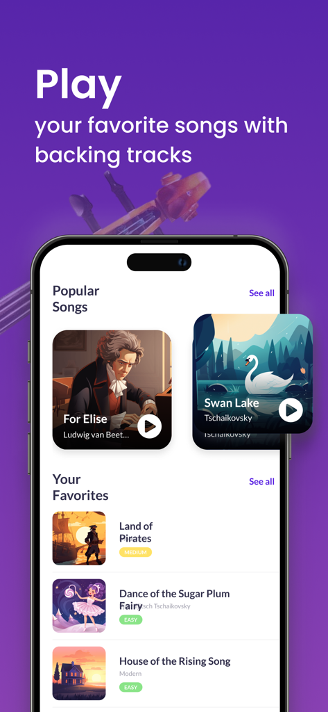 A smartphone screen displaying the tonestro app music library with popular cello songs and backing tracks.