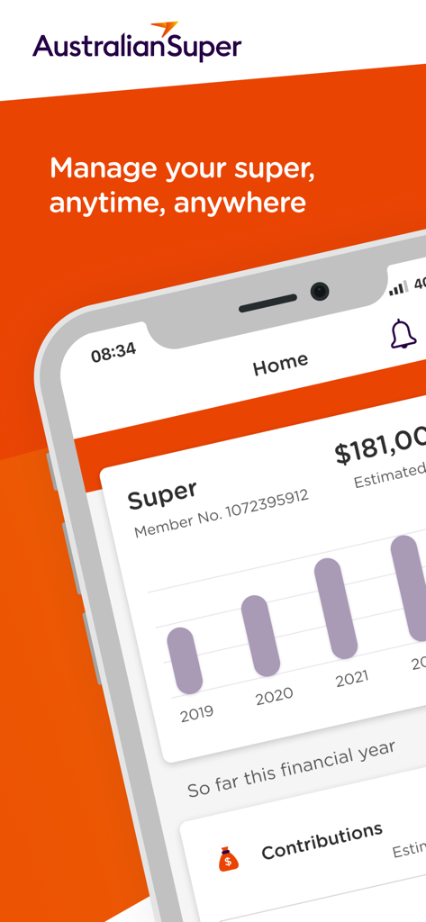 AustralianSuper - AustralianSuper mobile app home screen displaying account balance and investment growth chart