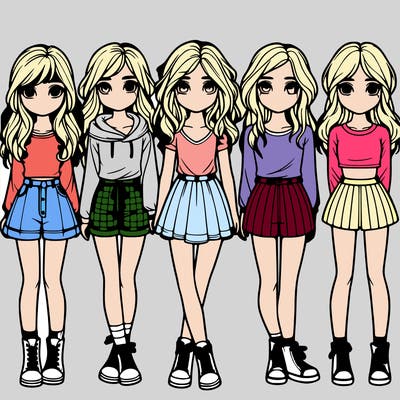 group of 6 realistic girls in a row