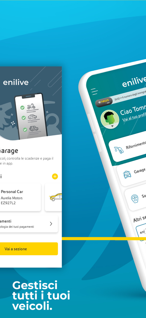 Enilive mobile app dashboard showing the Garage feature for vehicle management and refueling services