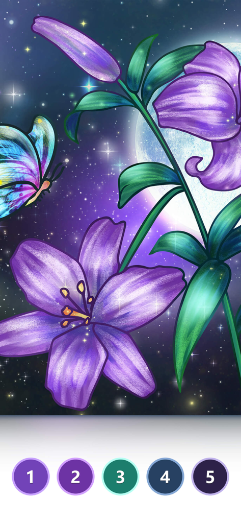 Tap Colorアプリの塗り絵、星空の下の紫色のユリと蝶、数字のカラー選択が表示されている