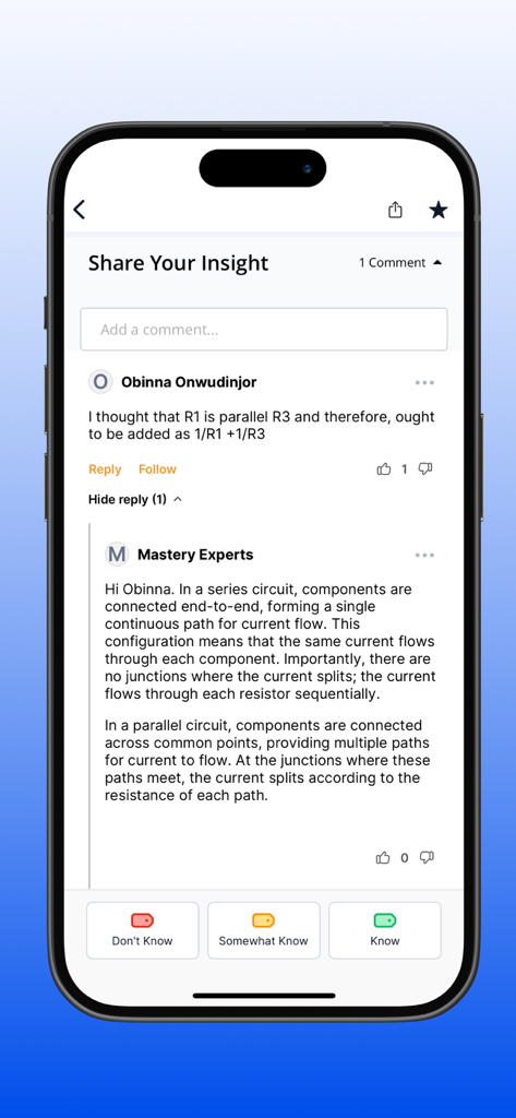 ASVAB Mastery app screen showing a community discussion with an expert explanation on series and parallel circuits