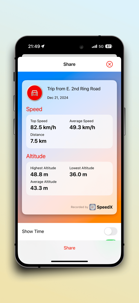 SpeedX trip card showing recorded speed and altitude statistics ready for sharing