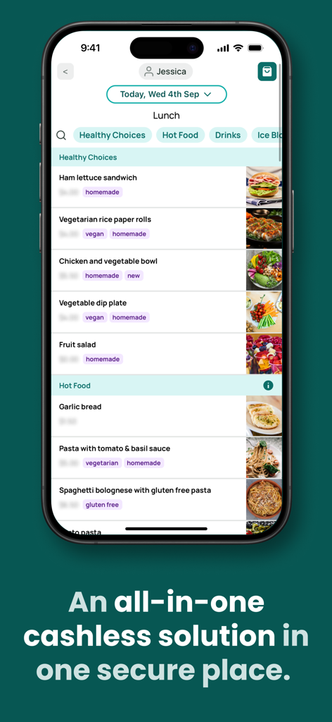 Flexischools - Flexischools mobile app screen showing a school lunch menu with healthy and hot food options.