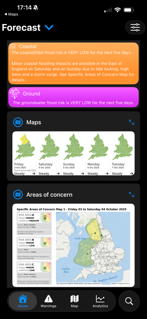 UkFloodPro - Five day flood forecast dashboard for the United Kingdom showing regional risk maps.